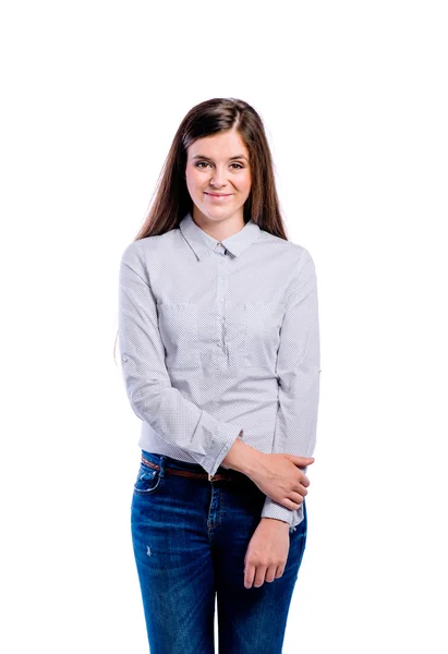 Meisje in gestippelde shirt, mooie jongedame, studio schoot — Stockfoto