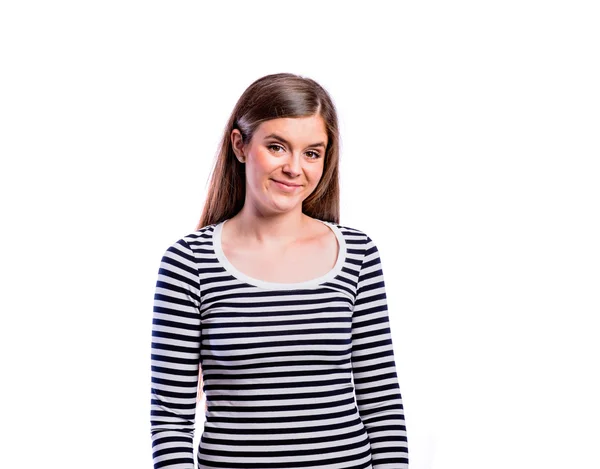 Girl in striped t-shirt, young beautiful woman, studio shot — Stock Photo, Image