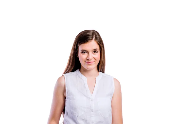 Girl in white shirt, young beautiful woman, studio shot — Stock Photo, Image