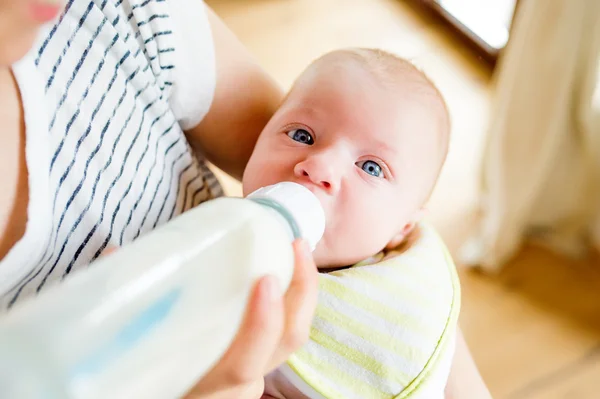 Невизначена мати годує дитину сином, молоко в пляшці, крупним планом — стокове фото