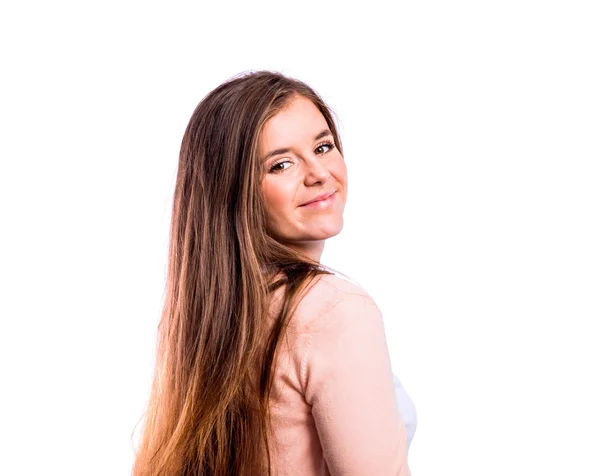 Girl in t-shirt and cardigan, young woman, studio shot — Stock Photo, Image