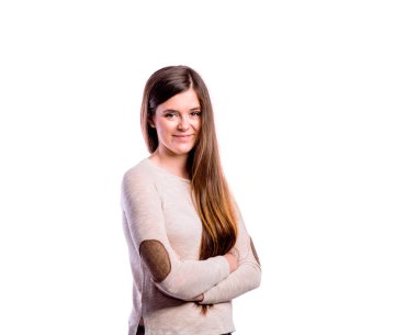 Kahverengi süveter, genç kadın, stüdyo kız vuruldu