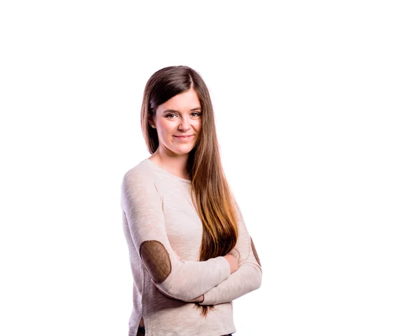 Girl in brown sweater, young woman, studio shot — Stock Photo, Image