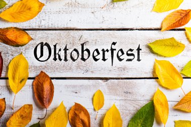 Oktoberfest işareti ve renkli sonbahar yaprakları. Beyaz ahşap backgr