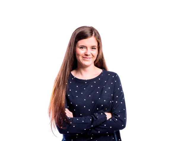 Girl in blue dotted sweatshirt young woman, studio shot — Stock Photo, Image