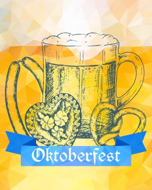 Oktoberfest vektör illüstrasyon. Bira bardağı, kraker, sosis ve