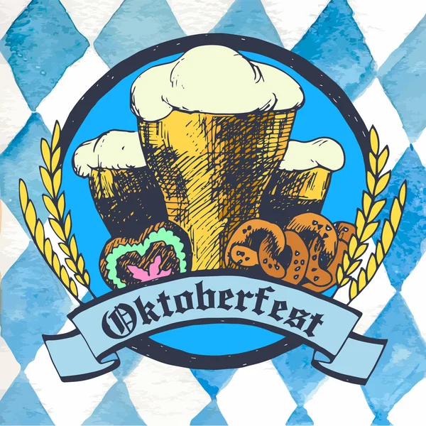 Ilustração vetorial Oktoberfest com copos de cerveja, pretzels e — Vetor de Stock