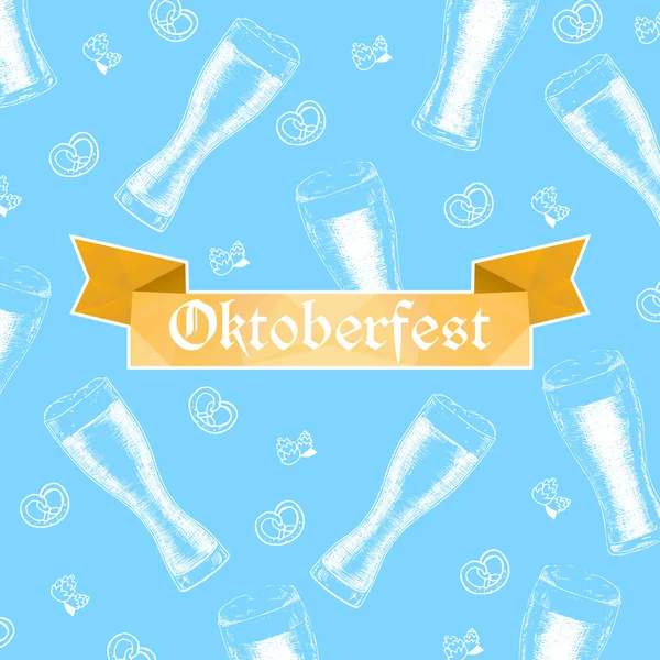 Oktoberfest ilustração vetorial. Copos de cerveja, pretzels e lúpulo — Vetor de Stock