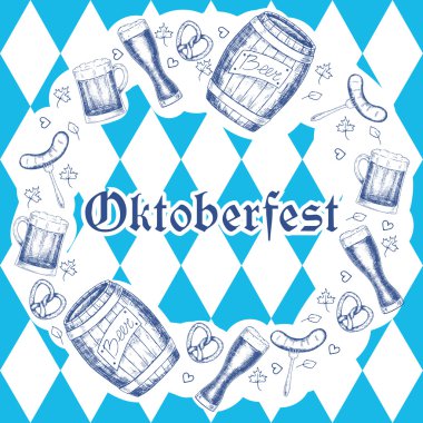 Oktoberfest vektör illüstrasyon. Bira kupaları, fıçılar, sosisler, p