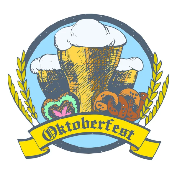 Oktoberfest vector ilustración. Vasos de cerveza, pretzels, jengibre — Vector de stock