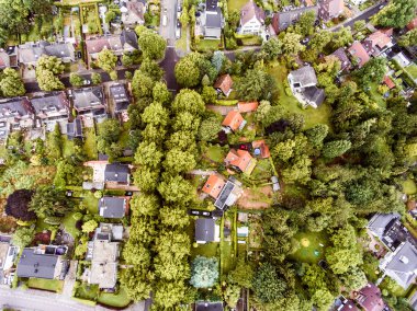 Hollanda kasabasının havadan görünümü, bahçeli evler, yeşil park