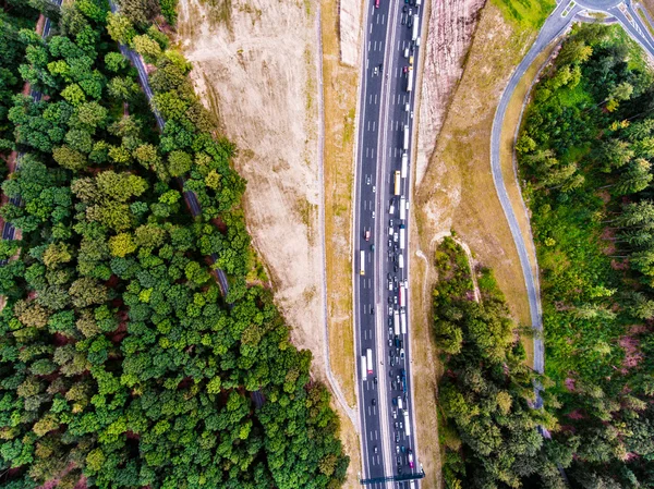 Karayolu, trafik sıkışıklığı, yeşil orman, Hollanda havadan görünümü — Stok fotoğraf