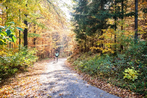 Sonbaharda Onun Bisiklet sürme sporcu — Stok fotoğraf