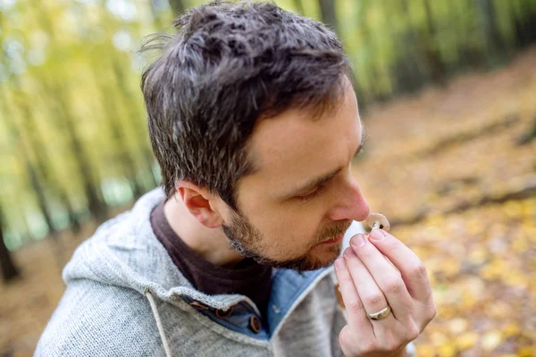 Man in forest picking mushrooms — Stock Photo, Image