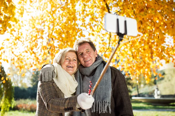 Senior couple taking selfie in park