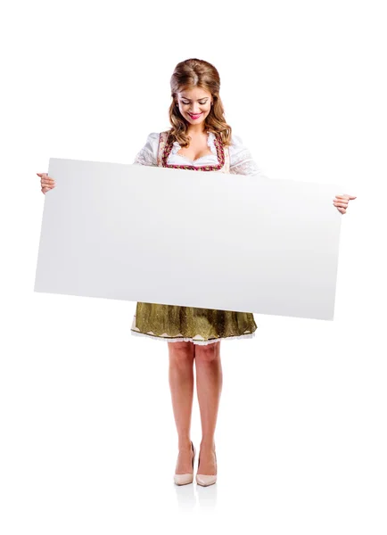 Afiş ile Bavyera elbiseli kadın — Stok fotoğraf