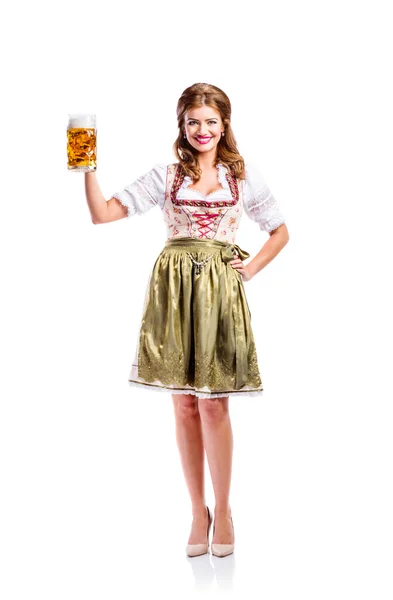 Mujer en vestido bavariano tradicional sosteniendo cerveza —  Fotos de Stock
