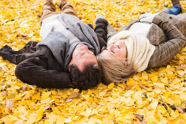 Pareja mayor activa en el parque de otoño tumbada en el suelo —  Fotos de Stock