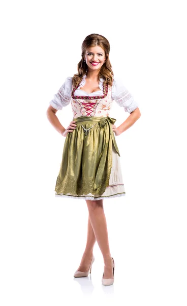 Mulher bonita em vestido tradicional bávaro, tiro estúdio — Fotografia de Stock