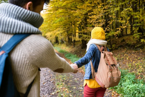 Coppia a piedi nella foresta autunnale — Foto Stock