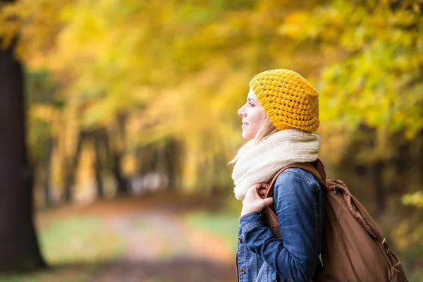 Femeia pe jos în pădurea de toamnă — Fotografie, imagine de stoc