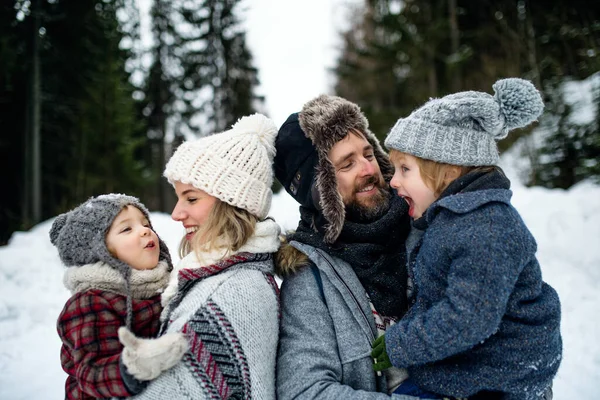 İki küçük çocuklu anne ve baba kışın doğada, karda ayakta duruyorlar.. — Stok fotoğraf