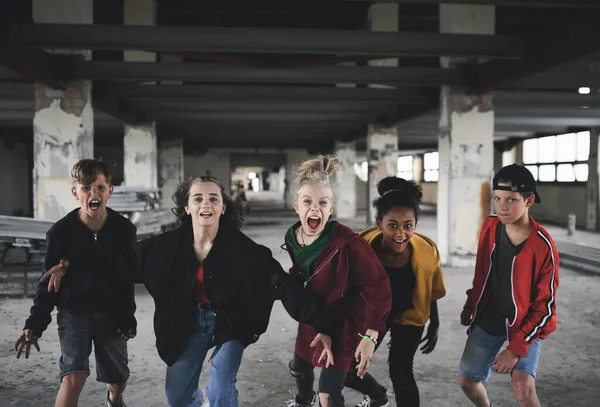 Grupo de adolescentes gangue menina em pé dentro de casa no prédio abandonado, gritando. — Fotografia de Stock