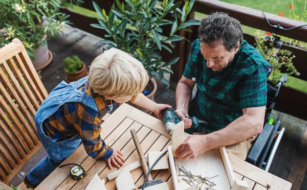 Top view of small boy with senior grandfather in wheelchair constructing birdhouse, diy project. — Stock Photo, Image