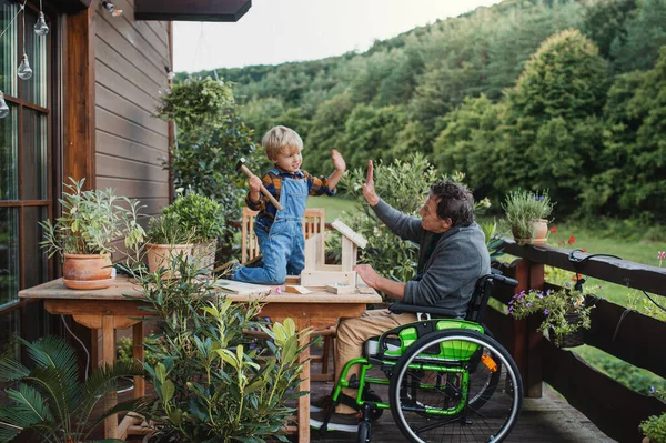鳥の家を建てる車椅子の上の祖父との小さな男の子、死ぬプロジェクト. — ストック写真