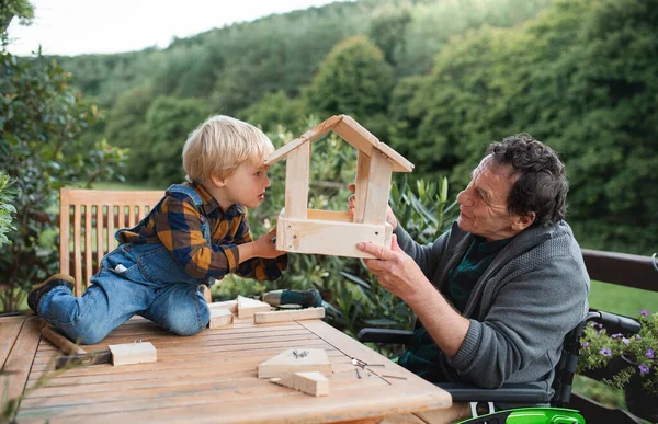 鳥の家を建てる車椅子の上の祖父との小さな男の子、死ぬプロジェクト. — ストック写真