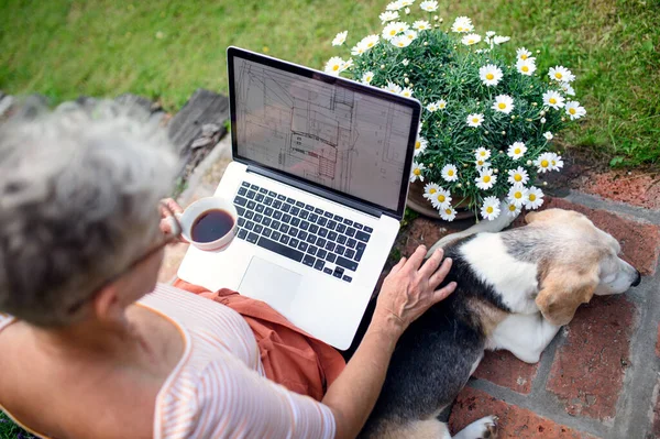Вид зверху на старшу жінку архітектора з ноутбуком, що працює на відкритому повітрі в саду, концепція домашнього офісу . — стокове фото