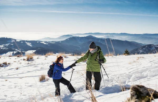 Casal sênior com pólos de caminhada nórdicos caminhadas na natureza de inverno coberta de neve. — Fotografia de Stock