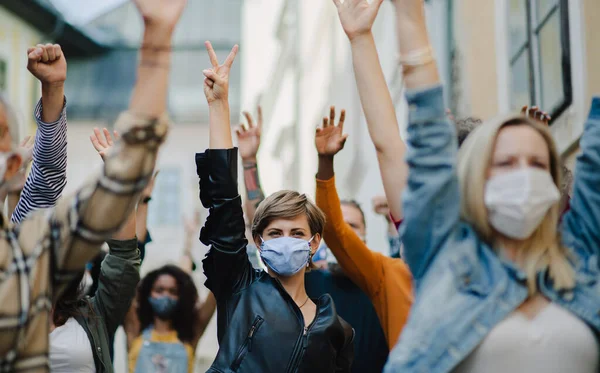 Group of people activists protesting on streets, strike and demonstration concept. — Stock Photo, Image