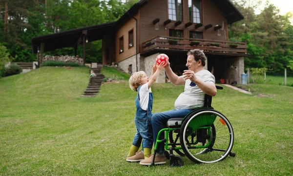 Petit garçon avec grand-père aîné en fauteuil roulant dans le jardin, jouer avec une balle. — Photo