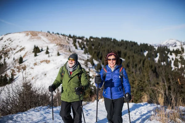 Couple aîné avec bâtons de marche nordique randonnée dans la nature hivernale enneigée. — Photo