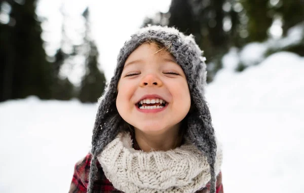 Vorderseite Porträt eines fröhlichen kleinen Mädchens, das in der winterlichen Natur steht und in die Kamera blickt. — Stockfoto