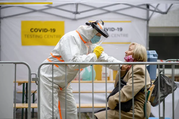 Caddedeki covid-19 test merkezinde kıdemli bir kadın. Coronavirus ve pamuklu çubuk konsept alıyor.. — Stok fotoğraf