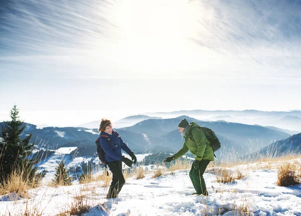 Vista lateral de la pareja de senderistas de pie en la naturaleza de invierno cubierto de nieve. — Foto de Stock