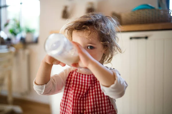 Niña pequeña en el interior de la cocina en casa, bebiendo leche de la botella. —  Fotos de Stock