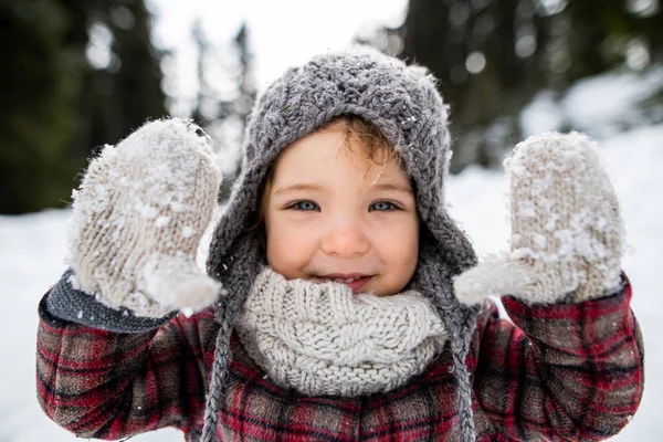 Vorderseite Porträt eines fröhlichen kleinen Mädchens, das in der winterlichen Natur steht und in die Kamera blickt. — Stockfoto