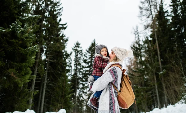 Wesoła matka z małą córeczką stojącą w zimowej naturze. — Zdjęcie stockowe