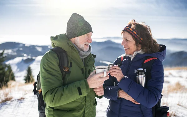 Senderistas pareja de ancianos en la naturaleza de invierno cubierto de nieve, beber té caliente. — Foto de Stock