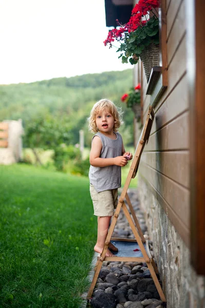 Glad liten blond pojke leker utomhus efter hus på sommaren. — Stockfoto