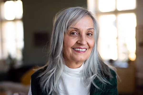 Portret van een oudere vrouw die thuis binnen staat en naar de camera kijkt. — Stockfoto