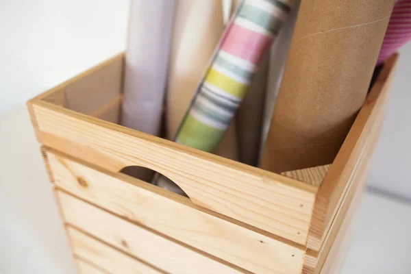 Midsection of wooden box container on desk, natural decor concept. — Stock Photo, Image