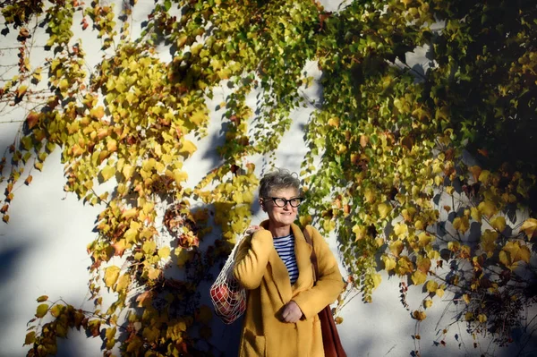 Senior vrouw buiten staan tegen kleurrijke natuurlijke herfst achtergrond, het houden van winkelen. — Stockfoto