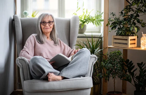 Портрет старшої жінки, сидячи в приміщенні на дивані вдома, читаючи книгу . — стокове фото