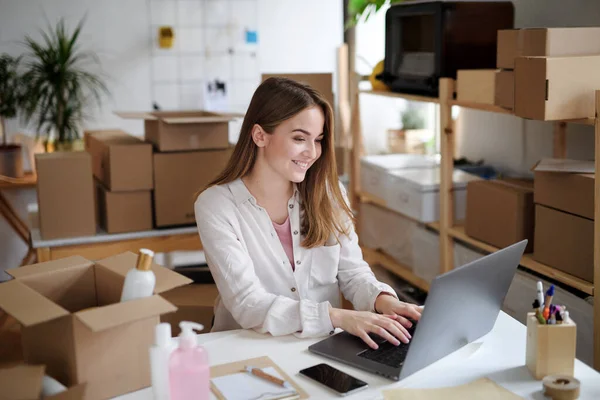 Young woman dropshipper with laptop working at home, coronavirus concept. — Stock Photo, Image