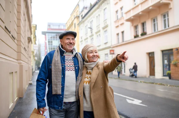 幸せな高齢者のカップルが街の通りを歩いて、何かを指して. — ストック写真