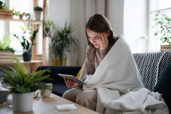 Mujer joven trastornada envuelta en manta en el sofá en casa, usando tableta. — Foto de Stock